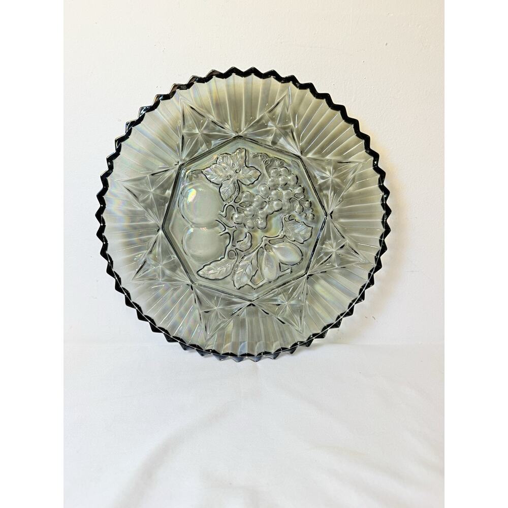 Federal Glass Pioneer Smoke Iridescent Embossed Fruit Glass Plate Sawtooth Edge